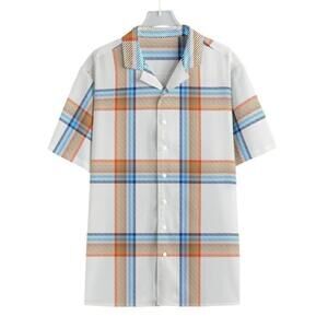 Men's Plaid Cuban Collar Retro Summer Shirt Orange/Blue NWT